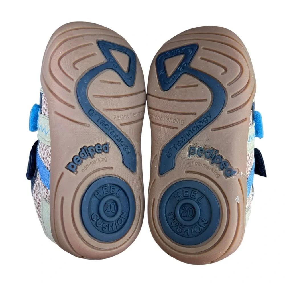 Pediped Gehrig baby shoes in Gingersnap tan and blue with hook & loop straps